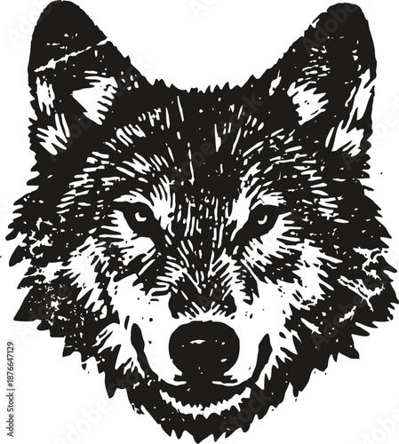 Detailed black and white wolf head illustration with fierce expression and textured fur