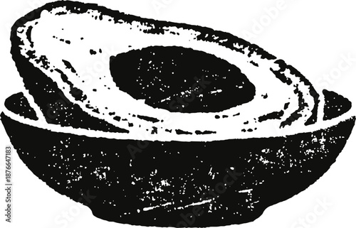 Vintage illustration of a halved avocado with visible seed and textured skin