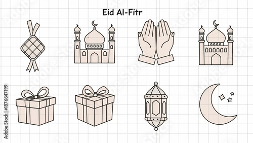 Collection of Islamic symbols and elements for Eid al-Fitr celebrations on a grid background