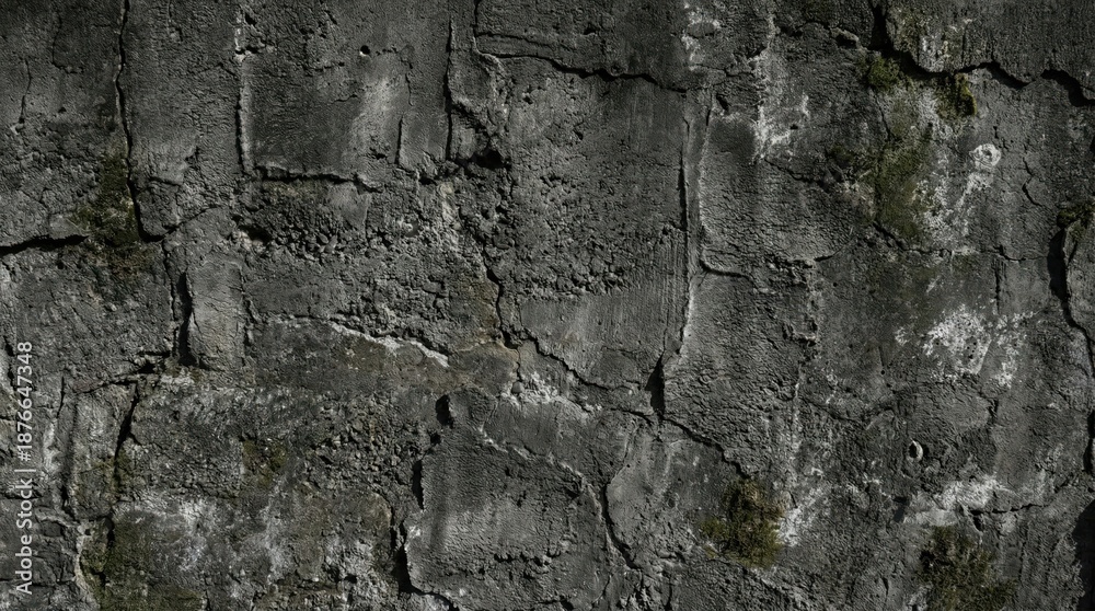 Obraz premium Dark cracked concrete wall texture with natural weathering and moss,ideal for backgrounds,grunge design,construction material,or aged building surface