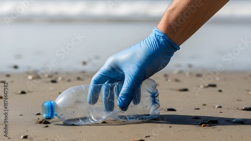 Volunteer Man Collecting Trash on Beach, Coastal Cleanup and Environmental Protection Concept, Sustainability, Ocean Pollution Awareness and Ecology Campaign