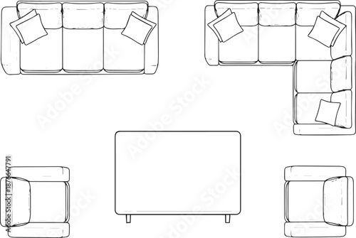 An overhead perspective of a modern living room layout with various furniture pieces, rendered in a simple, minimalist line-art style. The composition includes a sofa, chairs, and a table.