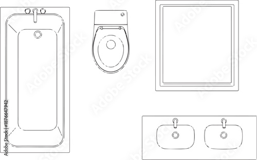 A minimalist bathroom layout showcasing essential fixtures: a bathtub, a toilet, a shower, and a double sink, all depicted in a clean, contemporary design.