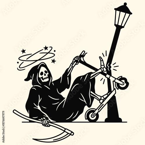 Grim Reaper Crashing Electric Scooter Vector Illustration