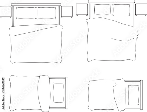 Minimalist architectural top-down views of various bedrooms showing different arrangements with beds and bedside tables.