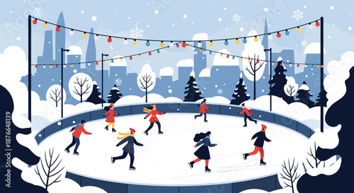 People ice skating in an outdoor rink during winter with cityscape background.