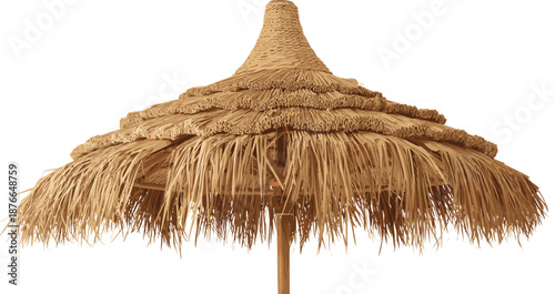 Traditional thatched umbrella, tropical shade, eco-friendly shelter, layered straw roof, rustic beach decor, outdoor furniture, natural materials, summer resort style