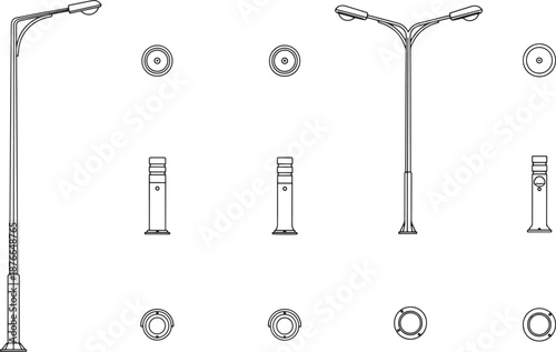 Urban Lighting Solutions: Modern designs of street lamps, exuding a sense of architectural structure and the practicality of urban design.