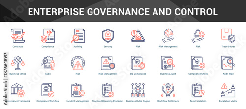 Enterprise Governance And Control Cohesive set of minimalist vector icons representing key ideas with visual clarity