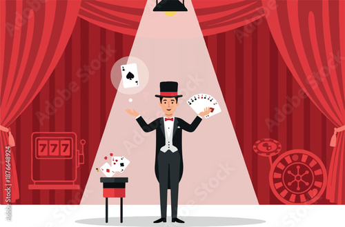 Magician Performance with Cards, Hat, and Magic Box in Circus Style