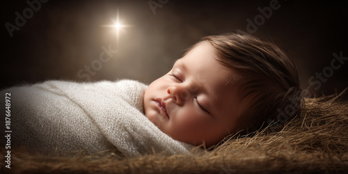 Sleeping baby swaddled in white blanket in hay with soft light above. Peaceful sleeping baby wrapped snugly in blanket lying on hay. Concept of innocence and tenderness in newborn photography.