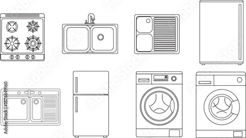 Essential home appliances meticulously arranged in a clean, modern aesthetic. Featuring a stovetop, kitchen sink, dishwasher, refrigerator, washing machine, and tumble dryer.