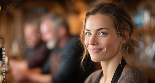 Smiling bartender serving drinks at rustic bar with patrons in background. Bartender showcases friendly demeanor and engaging personality while working at lively bar for enjoyable atmosphere.