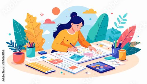 Woman creating artwork with colorful pencils and paints.