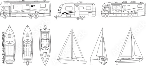 A collection of meticulously detailed illustrations, each of a different mode of transport, ready to set your imagination free, featuring a motorhome, a camper trailer, a yacht and a sailing boat. 