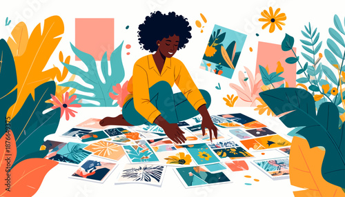 Woman surrounded by colorful images and foliage, engaged in creative activity.