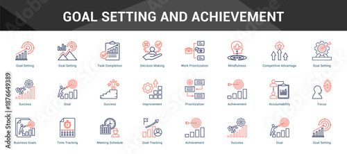 Goal Setting And Achievement Cohesive set of minimalist vector icons representing key ideas with visual clarity