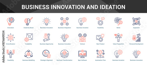 Business Innovation And Ideation Cohesive set of minimalist vector icons representing key ideas with visual clarity