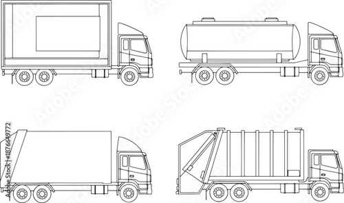 An array of trucks representing different functions, capturing the essence of transportation. This image shows several types of transport trucks, offering diverse options.