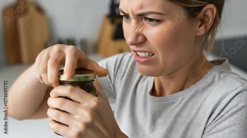 Determined woman successfully opens stubborn jar lid in kitchen setting