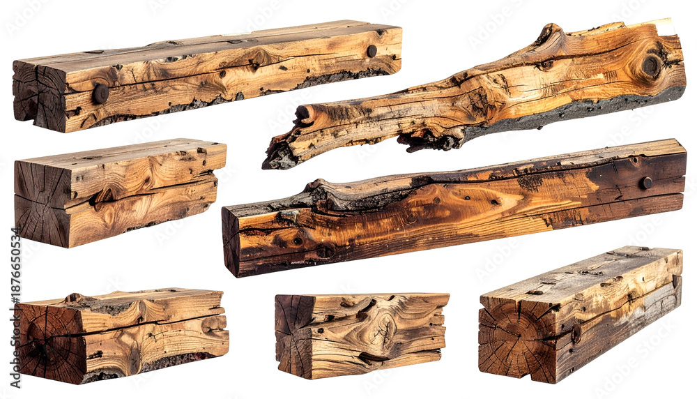Fototapeta premium Assortment of rustic wooden beams, cut and rough-hewn, isolated on white