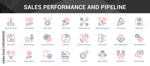 Sales Performance And Pipeline Cohesive set of minimalist vector icons representing key ideas with visual clarity