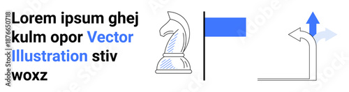 Business strategy, decision-making, navigation, intellectual games, conceptual design, abstract thinking. Chess knight with navigation arrow and dummy text. Strategy and decision-making concepts