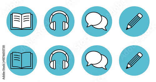 Blue modern education and communication icon set with ranked visual titles for reading, listening, speaking, and writing abilities, featuring clean flat design, learning skill indicators, educational 