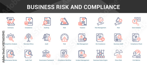 Business Risk And Compliance Cohesive set of minimalist vector icons representing key ideas with visual clarity