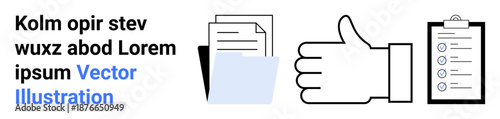 Business workflow, task approval, document management, office organization, productivity tools, data filing. Documents, folders clipboard thumbs-up icon. Workflow and task approval concept