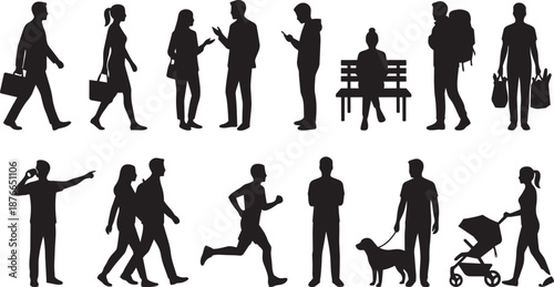 Set of vector people silhouettes in daily life activities. Crowd of men and women walking, running, sitting, and shopping isolated on white.