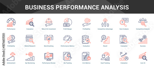 Business Performance Analysis Cohesive set of minimalist vector icons representing key ideas with visual clarity