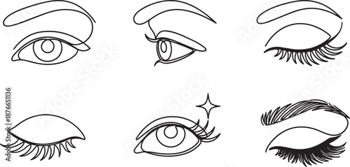 Set of minimalist continuous line drawing of woman eyes and eyebrows. Beauty salon logo vector illustration of eyelashes and winking eye.