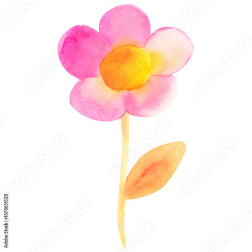Pink watercolor flower with yellow center and green leaf  