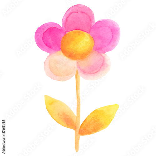 Pink watercolor flower with yellow center and green leaves  