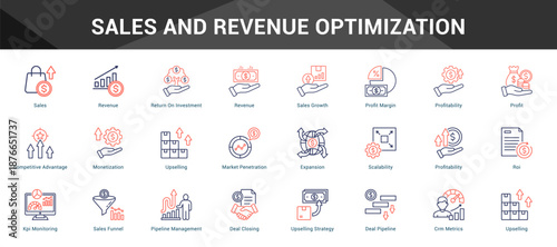 Sales And Revenue Optimization Cohesive set of minimalist vector icons representing key ideas with visual clarity