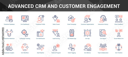 Advanced Crm And Customer Engagement Cohesive set of minimalist vector icons representing key ideas with visual clarity