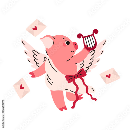 Cute pink pig with wings, lira and envelope. Valentine's Day. Romantic holiday. February 14. Love. Heart. Cartoon character. Vector illustration isolated on white background.