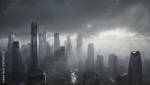 High-angle view of a modern cityscape obscured by a moody, grey sky