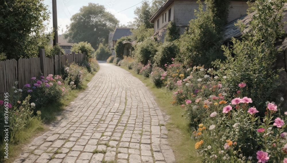 Obraz premium Cobblestone path winds through a picturesque village lined with flowers and homes