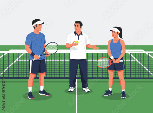 male coach teaching a young man and woman on a tennis court. Athletes holding rackets during a professional sports training session or private lesson outdoors.