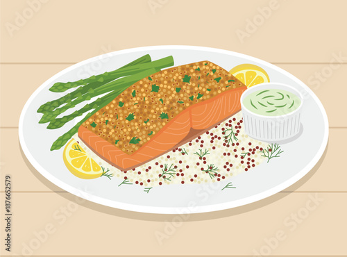 healthy herb crusted salmon dinner featuring a seed crusted fillet, fresh asparagus, herb infused quinoa, lemon wedges, and a creamy dipping sauce, presented on a white plate over wood.