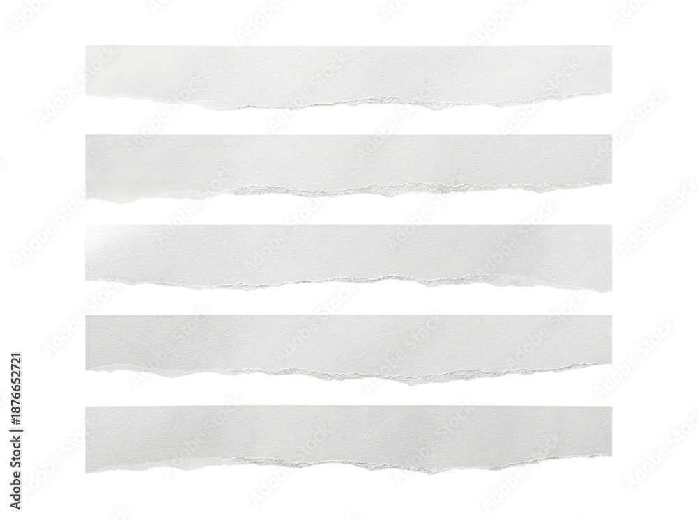 Fototapeta premium Set of 5 white torn paper strips with rough edges isolated PNG with Transparent Background