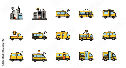 Comprehensive collection of smart city transportation vehicle icons, illustrating the concept of modern digital infrastructure and intelligent urban mobility services with connected vehicles