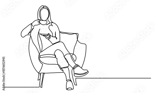 Continuous line Minimalist one-line drawing of a woman sitting in a sofa chair, enjoying a cup of coffee or tea. The elegant, continuous line captures a peaceful moment of relaxation.