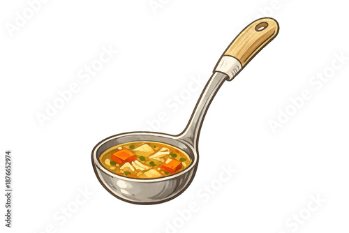 Ladle serving vegetable soup illustration on transparent background.