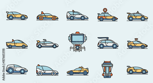 Collection of futuristic and autonomous vehicles icons including cars, drones and futuristic transport designs