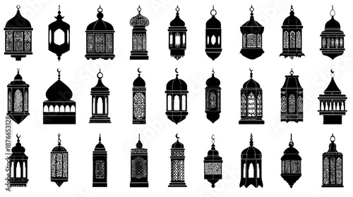 Set of intricate black silhouette lanterns and lamps, perfect for Ramadan Kareem, Eid Mubarak, Arabic and Moroccan celebration designs.