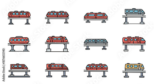 Modern vector icon set depicting diverse monorail and elevated train systems, ideal for public transportation, urban planning, and smart city infrastructure concepts