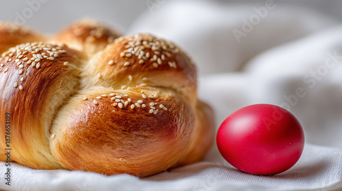 Easter bread with red egg on white fabric background. Traditional Easter bread features golden crust and sesame seeds alongside bright red egg symbolizing celebration.